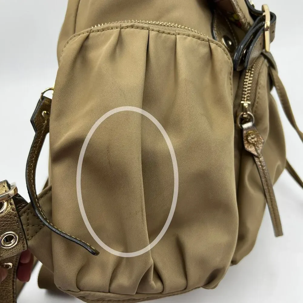 MZ Wallace Marlena Bedford Nylon Drawstring Backpack Tan Metallic Leather Trim